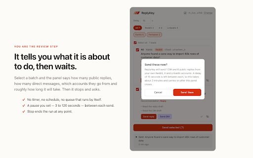 ReplyHey Autopilot :: Posts your approved ReplyHey drafts from your own Reddit, X and LinkedIn accounts, in your own browser.