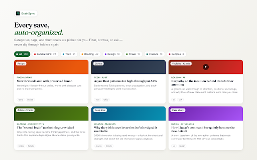 BrainSync — Save to Your Second Brain :: Save any page to BrainSync with one click. AI summarizes, tags, and organizes it for you.