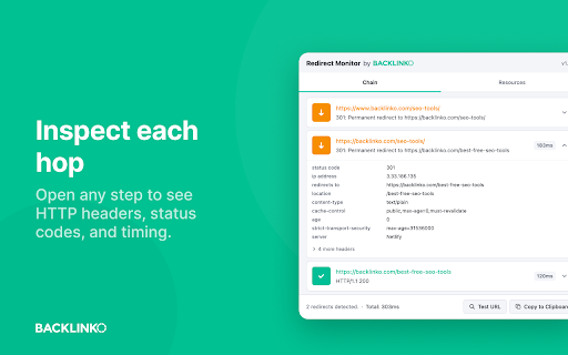 Redirect Monitor by Backlinko :: Monitor and audit URL redirect chains with detailed timing, headers, and SEO insights.