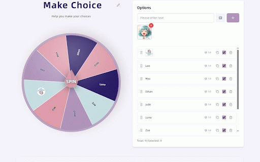 Spinningwheel Tool :: Spin options with wheel animation in Chrome side panel.