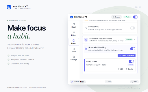 Intentional YT - Block YouTube Shorts, Recommendations & Set Time Limits :: Hide YouTube Shorts and recommendations, set daily watch time limits, and block distracting channels.