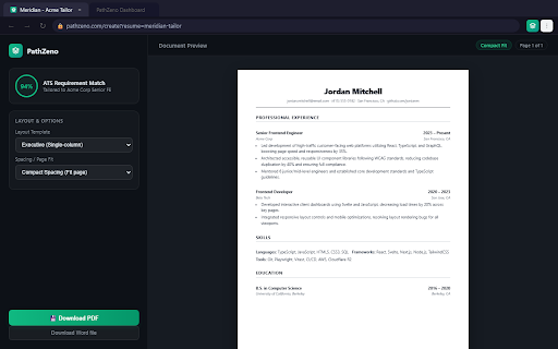 PathZeno :: Create tailored resume and job form suggestions you review before using. PathZeno never submits applications for you.