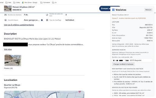 Vasistas :: Analyse locale d’une fiche de vente : prix au m², frais d’acquisition, DPE, ventes du secteur.