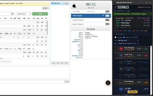 Signals Draft Overlay :: Your Signals draft board, live beside your Sleeper, ESPN, CBS, Fleaflicker or Yahoo draft room — picks strike off as they happen.