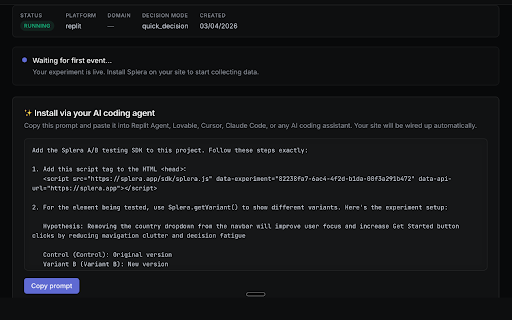 Splera - A/B Testing for Vibe Coders :: Run A/B tests on apps built with Replit, Lovable, Bolt, and Claude Design. Detects UI changes and wires up tracking.