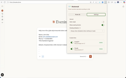 Maskeraid – Detect & Mask data before sending to LLMs :: Maskeraid - Detect, mask and sanitize your data before sending to LLMs by applying custom string/regex replacement rules