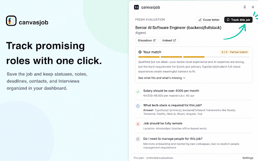 AI Job Filter & Tracker for LinkedIn – canvasjob :: Filter LinkedIn jobs with your own criteria. Get pass/fail/unknown answers with evidence, then track promising roles.