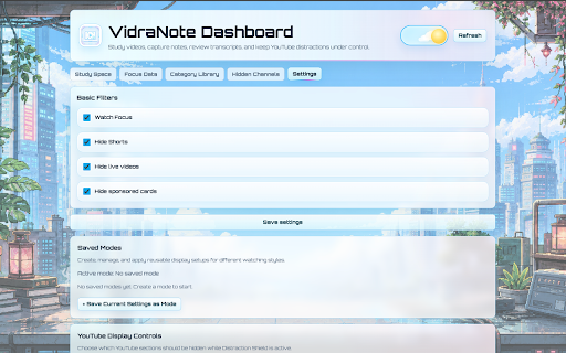 VidraNote :: A YouTube study workspace that captures notes, transcripts, and hides clear distractions.