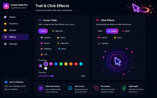 Cursor Style Pro ★ 50+ stunning cursor styles for Chrome :: Animated & custom cursors for Chrome. 150+ stunning cursor styles, animated trails, click effects, cursor pets & more
