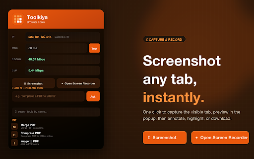 Toolkiya Browser Tools :: Quick access to browser tools — PDF, image, QR code, AI tools, developer utilities, IP checker and speed test. No signup needed.