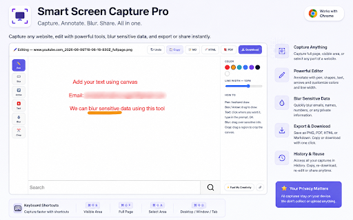 Smart Screen Capture Pro :: Capture visible, full-page, or selected screenshots. Annotate, blur, and export as PDF — all local, no account needed.
