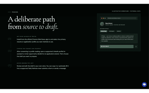Aletheia - Review-First Professional Drafts :: Draft professional introductions and application answers from context you choose. Review and edit every result before use.