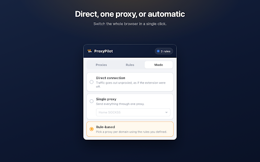 Proxy Switcher & Manager – ProxyPilot :: Proxy switcher for Chrome with HTTP, HTTPS, SOCKS4 & SOCKS5, one-click switching, per-site rules, bulk import and proxy testing.