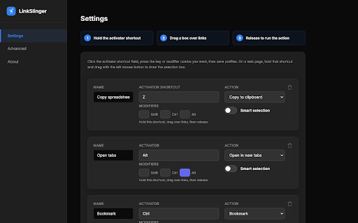 LinkSlinger: Open Multiple Links at Once :: Select multiple links with a drag, then open all in new tabs, copy, or bookmark them at once. Privacy first, open source.