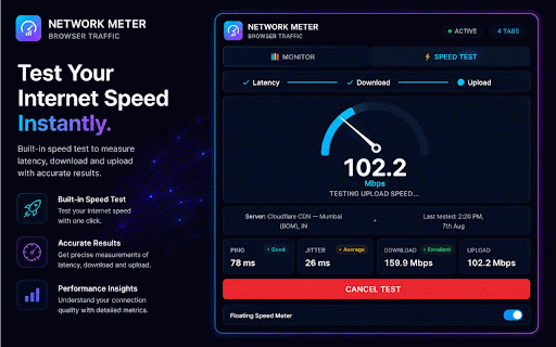 Network Meter — Speed Test & Monitor :: Test download, upload, ping & jitter, or monitor browser traffic in real time.