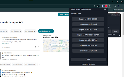 Meetup Scraper: Export Events, Groups, Members & more :: Scrape Events, Groups, Members, and more from meetup, with options to export in formats such as CSV, Excel, JSON and others