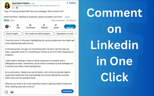 Comment Whisper - AI Comment Generator for Twitter (X) & LinkedIn :: Generate thoughtful AI-powered comments for Twitter (X) and LinkedIn posts. Engage authentically with one click.