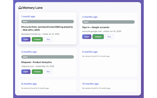 Memory Lane - Time Travel Through Your Browser History :: See what you were browsing 1-12 months ago every time you open a new tab. Save your favorite memories and revisit them later.
