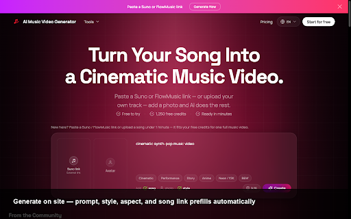 AI Music Video Generator :: Turn any song into a cinematic AI music video. Paste a Suno or FlowMusic link, pick a style, generate online.