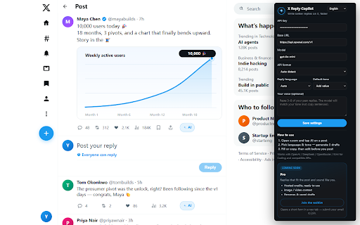 X Reply Copilot – AI Reply & Comment Assistant for X/Twitter :: AI reply & comment assistant for X/Twitter. Context-aware Chinese & English draft replies you edit before posting.