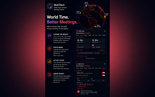 Multi Clock – World Time Zones & Meeting Planner :: Multiple time zones on a live world clock, plus a meeting-overlap finder, working hours, tab groups and focus mode. Offline.