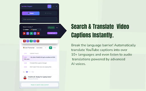 YouTube Polyglot: Read, Search & Translate YouTube Videos in Your Language :: AI-powered Chrome extension for YouTube: search videos, live transcribe, and translate captions in 10+ languages instantly.