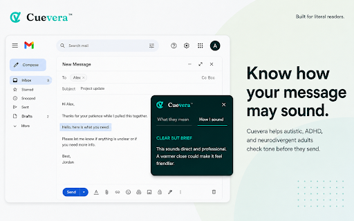 Cuevera: ADHD, Autism & Neurodivergent Workplace Reading Assistant :: Workplace communication assistant for neurodivergent adults: understand subtext and check how your own messages may come across.