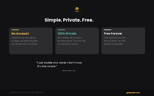 Speakli — Tap Any Word to Hear It :: Double-click any word on any webpage to instantly hear its pronunciation and definition. No tabs, no copy-paste, no interruptions.