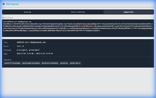 SSH Keytool :: Generate SSH key pairs and derive public keys and inspect SSH certificates.