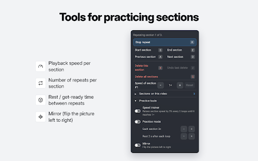 Section Repeat – A-B Loop for YouTube™ :: Loop any part of a YouTube video with A-B repeat. Set each section's speed, repeats and rest to practice languages, dance or music.