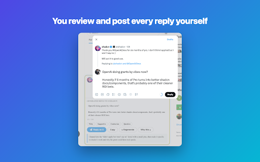 BanterBird :: Draft replies and posts on X in your own voice, with your OpenAI key. You review, edit, and post every one yourself.