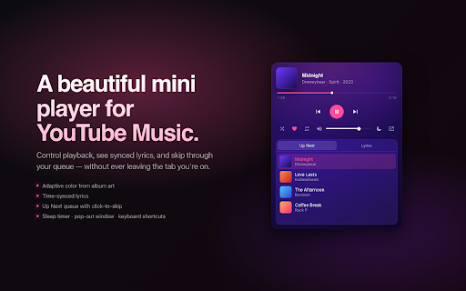 Pink Player — Mini for YouTube Music :: Beautiful mini player for YouTube Music. Adaptive color, synced lyrics, queue, sleep timer, keyboard shortcuts.