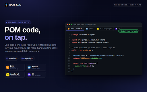 XPath Finder & CSS Selector Generator – XPath Forte :: XPath finder, CSS selector & Playwright locator generator. Element inspector with stability scoring for Selenium automation testing.