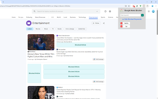 Google News Blocker :: Blocks articles on Google News containing specified keywords.