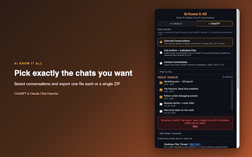 ChatGPT & Claude Chat Exporter | AI Know It All :: Export, download & back up ChatGPT and Claude.ai chats as Markdown, JSON, CSV or ZIP. Local backups and clean AI handoffs.