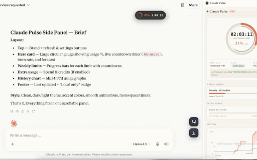 Claude Pulse - Daily & Weekly Usage Tracker :: Claude.ai usage dashboard with live limits, reset countdowns, burn rate, history, and overlay. Your data stays in-browser.