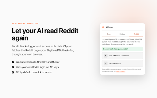 BigIdeasDB Clipper :: Copy any page as Markdown or AI-ready text, and let your BigIdeasDB AI read Reddit through your own browser. For BigIdeasDB Pro.