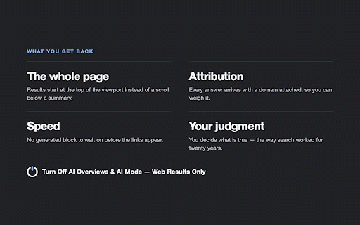 Turn Off AI Overviews & AI Mode — Web Results Only :: Removes AI Overviews and AI Mode from Google Search with Google's own Web filter — it won't break when Google changes its layout.