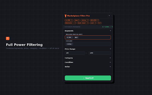 Marketplace Filter Pro :: Advanced filtering for Facebook Marketplace — price ranges, keyword include/exclude, category filters, condition toggles, and more.