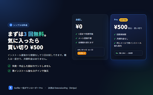 Gofile 一括ダウンローダー Pro :: Gofile のフォルダ内の画像・動画をワンクリックで一括ダウンロード。サブフォルダ対応・自動リトライ。3回まで無料、買い切りで無制限。