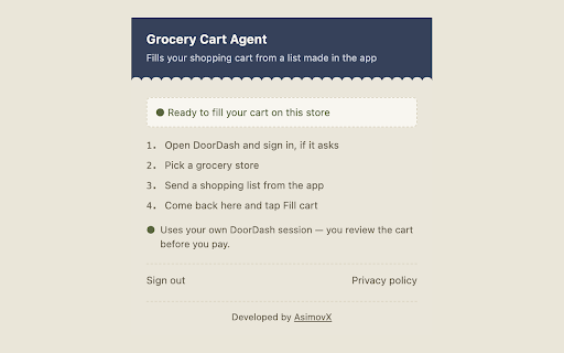 Grocery Cart Agent :: Fills your shopping cart from a list made in the Grocery Cart Agent app. Never checks out — you always review before paying.