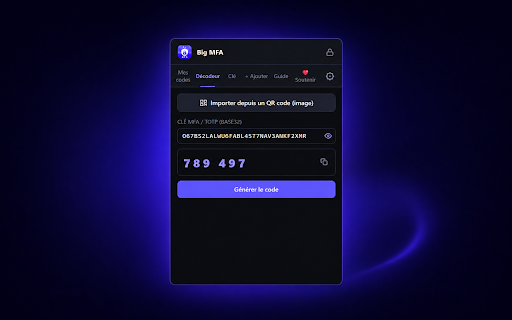 Big MFA :: Secure TOTP/HOTP authenticator with encrypted vault, QR import and offline MFA code generation.