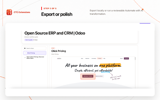 AI Workflow Recorder: SOP & Guide – CTC Steps :: Record browser workflows, edit visual SOPs and guides, and create clear results with reviewable Automate with AI plans.