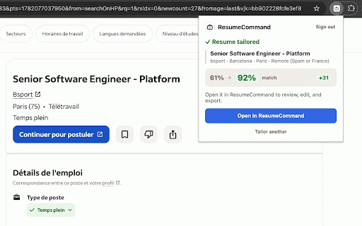 ResumeCommand — Tailor for this job :: Extract a job posting from the current page and tailor your master resume to it, without leaving the page.