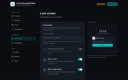 Lock Password Next :: Password-lock your browser session. Hotkey and idle auto-lock, per-site scope, recovery codes and a local audit trail.