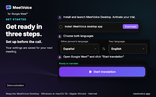 MeetVoice — real-time translation for Google Meet :: Two-way voice translation, subtitles and transcripts for Google Meet. Requires MeetVoice Desktop. 30-minute free trial.