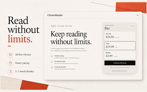 ChronoReader: RSVP Fast Reader :: Fast RSVP speed reader for Chrome. Read articles word by word with a focused ORP reading mode.