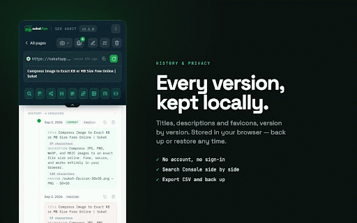 Sukat SEO — On-Page Audit :: Audit on-page SEO and track every change. Title, meta, headings, links, images, schema, speed, with Search Console side by side.