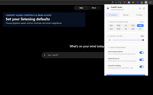 ChatGPT Audio Controls & Read Aloud :: ChatGPT Read Aloud controls: pause, seek, speed, volume, audio downloads, shortcuts and response buttons.