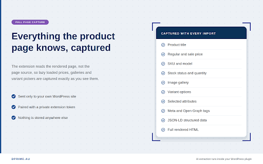 Dprime Woo Product Importer :: Capture product pages from any website and send them to WooCommerce through the Dprime Woo Product Importer plugin.